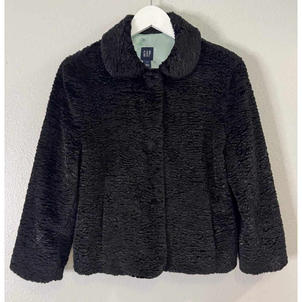 Gap Y2K Black Textured Faux Fur Jacket Mint Satin Lined Mod Mob Wife M